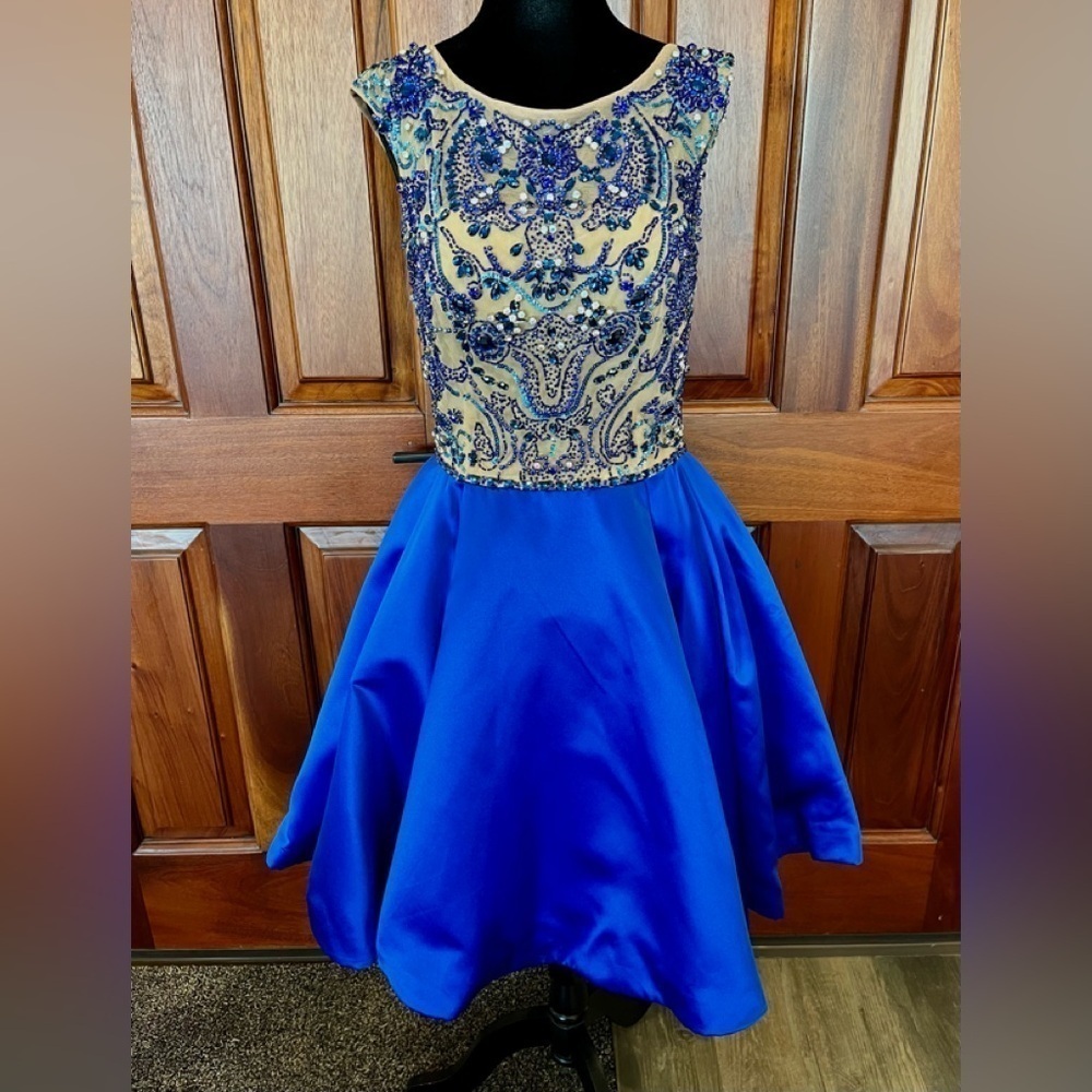 Sherri Hill Bright Blue Mesh Applicate Sequin Bead Rhinestone Swing Dress Sz 10